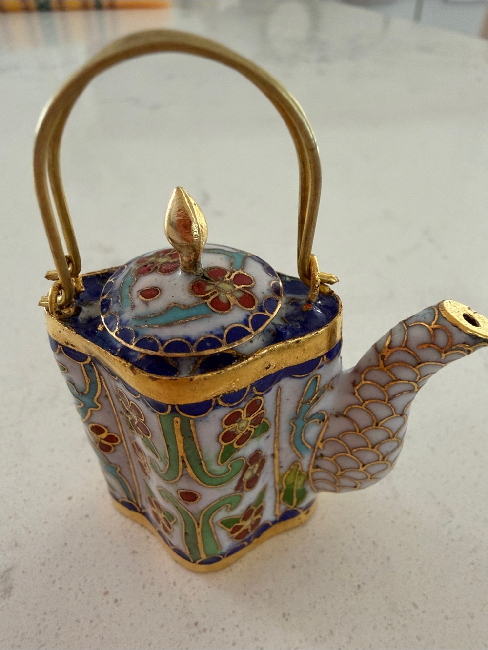 Vintage Chinese Miniature White & Gold Decorative Cloisonné enamel Teapot